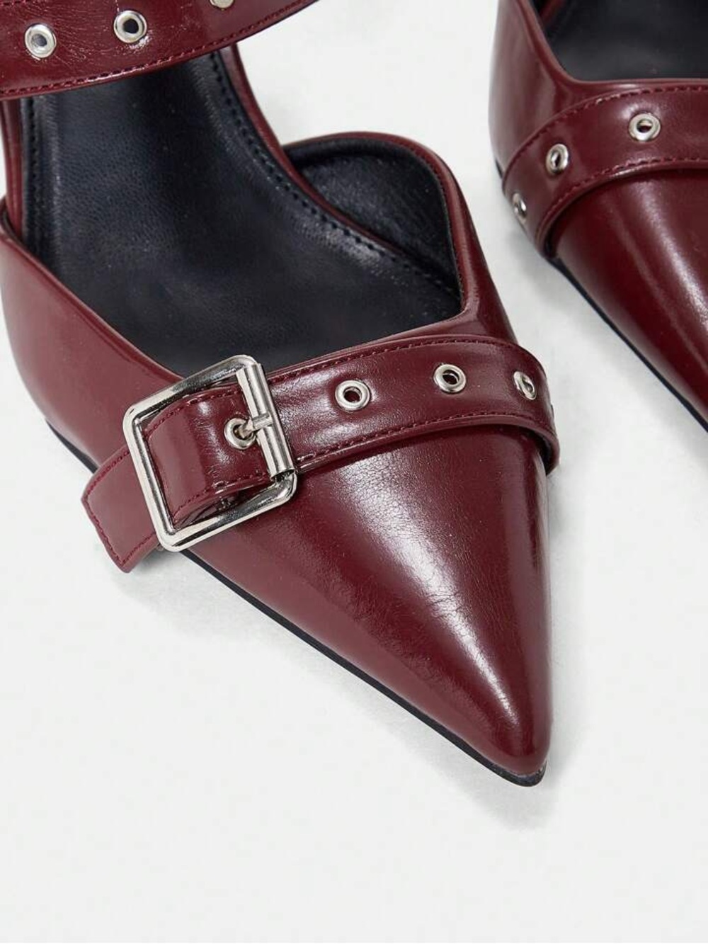 Faux leather Pointed toe double Buckle Mule heels Burgundy maroon - Picture 4 of 5